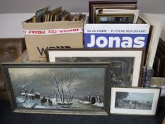 Three boxes containing a large quantity of assorted pictures and prints