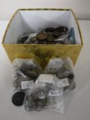A box containing a quantity of mid 20th century coins, Georgian pennies, crowns,