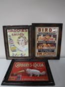 Three framed advertisements; Cadbury's Coca, Bird's Custard,