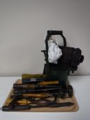 A tray containing vintage hand tools,