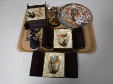 A tray containing three boxed Border Fine Arts figures; owl, kingfisher and robin,