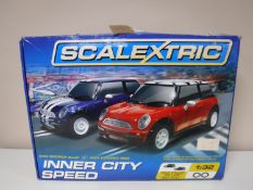 A boxed Scalextric intercity Mini Cooper speed set together with a light fitting with glass drops
