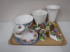 A tray containing Wedgwood vases, a Wedgwood Clementine fruit bowl, Wedgwood Jasperware dish,