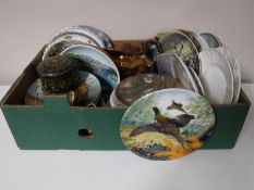 A box of assorted collector's plates, copper lustre teapot,