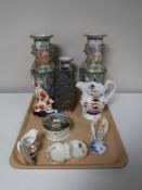 A tray of three Canton porcelain famille rose vases (a/f) vases, Staffordshire setters,