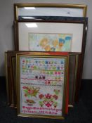 A framed sampler dated 1904, together with nine assorted framed pictures,