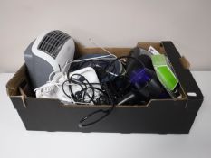 Two boxes containing assorted electricals, antler bag, letter racks,