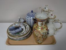 A tray containing continental teapots, wall plates, Royal Copenhagen dishes,