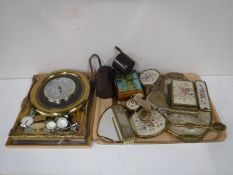 A tray containing dressing table sets, musical trinket box, barometer, pill boxes,
