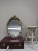 A part Brexton cased picnic set with a pine adjustable stool and a gilt framed chalk mirror