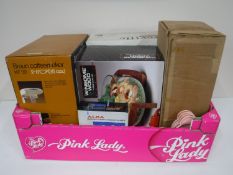 Two boxes containing late twentieth century boxed glassware, vacuum jug, brown coffee maker,