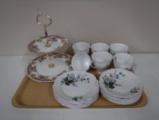 A tray containing a Regency china cake stand,