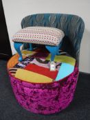 A bedroom chair upholstered in multi coloured fabric,