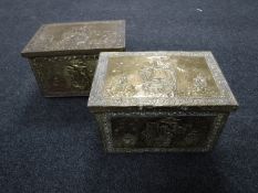 Two brass embossed coal boxes