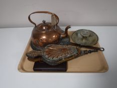 A tray containing antique copper kettle, copper embossed bellows, plated candle holder,