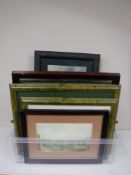 A box containing framed sporting prints, horse racing, snooker, cricket,