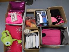 Six boxes containing assorted books, cushions gift sets, eau de toilette gift sets,