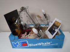 A box containing a Laura Ashley three-way light fitting with glass drops,