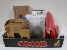 Two boxes containing lady's leather hand bags, hair straighteners,