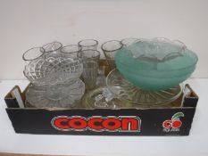 Two boxes containing a quantity of assorted pressed glass, comports, vase, bowls,