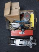 A box containing Tilly lamp, heat gun, Stanley woodworking plane,