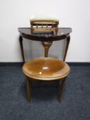 A shaped oak hall table together with a mahogany occasional table and an Edwardian oak stool