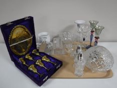 Two trays of assorted glassware, plated ware, marbles,