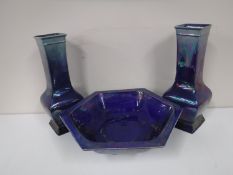 A pair of Shelley square section blue lustre baluster vases,