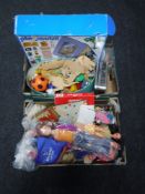 Two boxes containing mid 20th century dolls, chess pieces, board games,
