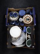 Two boxes containing Denby tea ware, assorted pottery dinnerware, flan dishes,