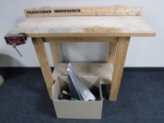 A Tradesman work bench with vice and a box of hand tools