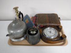 A tray containing an Abbey pewter tea pot on stand, oak horseshoe barometer, cased cutlery,