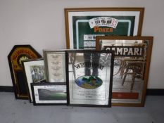 A framed wooden billiards sign, two picture mirrors, 'Southern Comfort' and 'Campari',