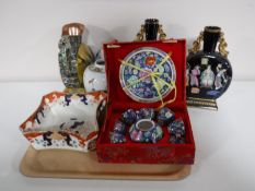 A tray of oriental ware including a boxed miniature tea service, late 19th century Imari style bowl,