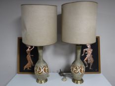 A pair of 1970's pottery table lamps on brass bases,