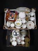 Two boxes containing assorted tea china, dolls of the world, ramekins,