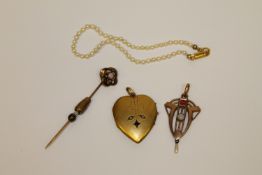A yellow metal opal and pearl pendant, an opal pin,