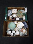 Two boxes of Roslyn tea china, lustre tea china, biscuit barrel, wall plates,
