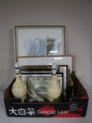 A box containing assorted framed prints and pictures, including a framed watercolour farm scene,