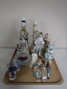 A tray containing continental figurines, two continental lamp bases,