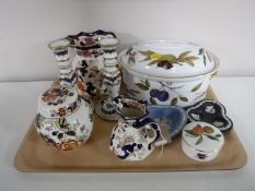 A tray of two Masons Mandolay jugs and a ginger jar, pair of Dresden china candlesticks,