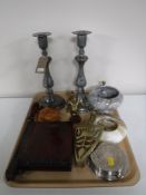 A tray of a pair of pewter candlesticks, Envoy paper cutter, marble ash tray,