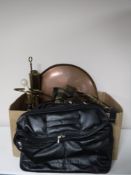 A converted brass desk oil lamp together with a large copper pan lid,