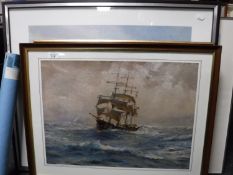 Six assorted framed prints depicting ships and an unframed print of The Titanic
