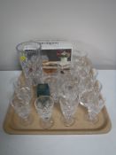 A tray containing assorted lead crystal glassware, including Edinburgh Crystal whiskey tumblers,