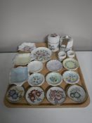 A tray containing hand painted Spode pin dishes, a Wedgwood Clementine preserve pot, Shelley dishes,