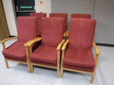 A set of six beech framed high backed armchairs