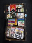 Four boxes containing books and magazines including reference books, antique guides, Private Eye,