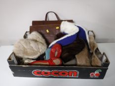 A box of leather satchels, furs, Masons apron,