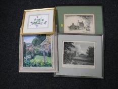 Six framed pictures including watercolours, framed Peter Orde oil - corner of the garden,